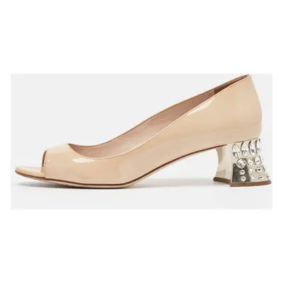 Miu Miu Beige Patent Leather Crystal Embellished Block Heel Peep Toe Pumps Size