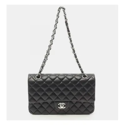 Chanel Black Lambskin Leather Double Flap Shoulder Bag