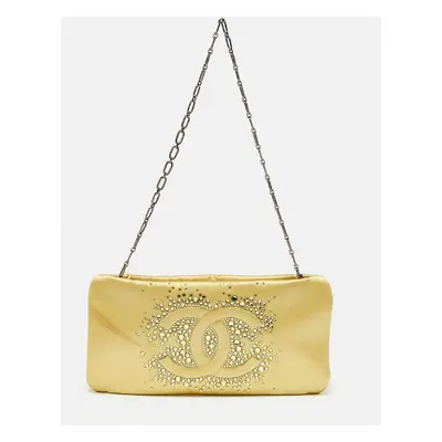 Chanel Yellow Satin CC Diamante Evening Clutch Bag