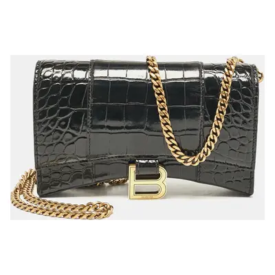 Balenciaga Black Croc Embossed Patent Leather Hourglass Wallet On Chain