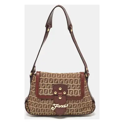 Fendi Brown/Beige Zucchino Canvas and Leather Flap Shoulder Bag