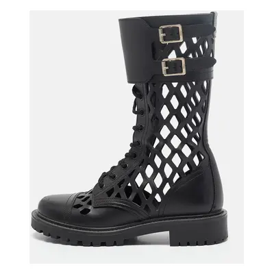 Dior Black Leather Laser Cut Accents Combat Boots Size 36.5