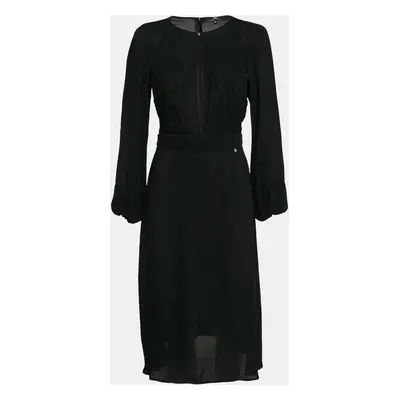 Elisabetta Franchi Black Lace Trim Crepe Plunging Neck Midi Dress