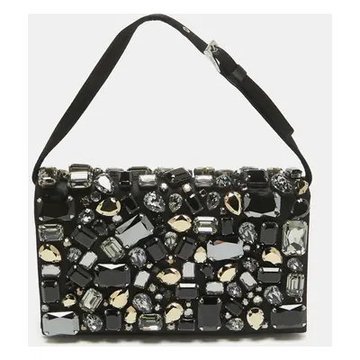 Prada Black Satin Crystals Embellished Flap Clutch Bag