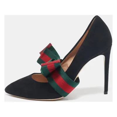 Gucci Black Suede and Stretch Web Mary Jane Sylvie Pumps Size