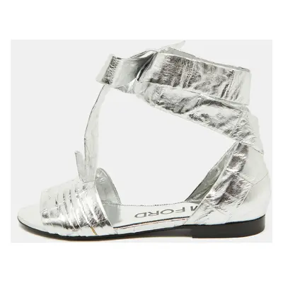 Tom Ford Silver Laminated Leather Ankle Wrap Flat Sandals Size