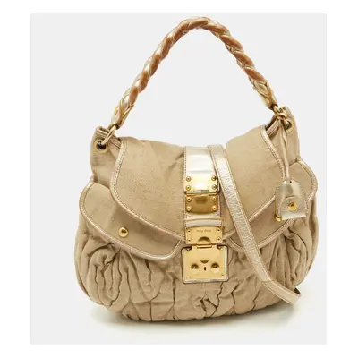 Miu Miu Beige/Gold Linen and Leather Coffer Satchel