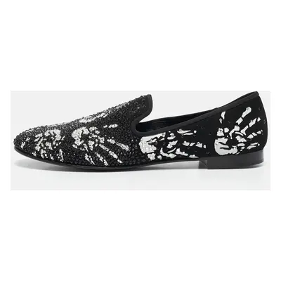 Giuseppe Zanotti Black/White Hand Print Suede Crystal Embellished Smoking Slippers Size 41.5