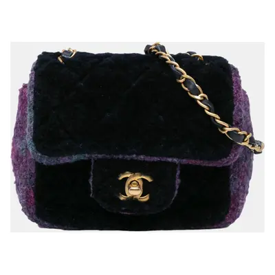 Chanel Navy Blue/Purple Mini Square Classic Multicolor Shearling Single Flap