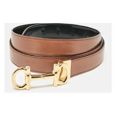 Salvatore Ferragamo Black/Brown Glossy Leather Double Gancini Reversible Cut to Size Belt