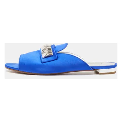 Aquazzura Blue Satin Crystal Embellished Flat Slides Size