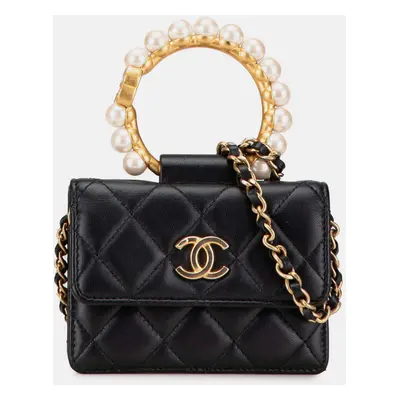 Chanel Black Quilted Lambskin Pearl Crown Clutch On Chain