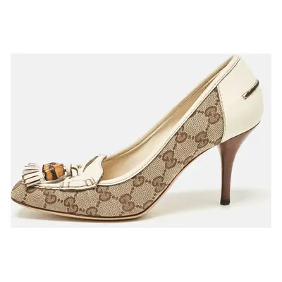 Gucci Brown/Cream Monogram Canvas and Leather Loafer Pumps Size