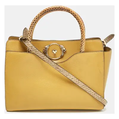 Roberto Cavalli Yellow Leather and Python Lion Logo Tote