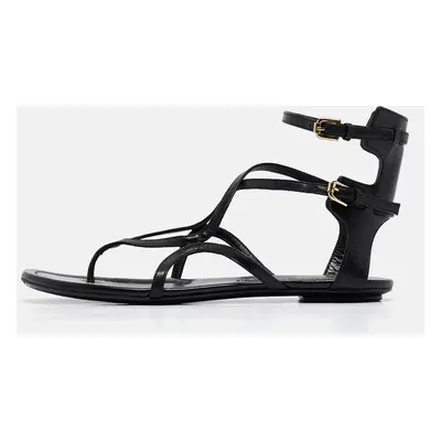 Ralph Lauren Collection Black Leather Ankle Strap Flat Sandals Size