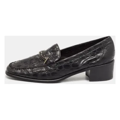 Stuart Weitzman Black Croc Embossed Leather Slip On Loafers Size 37.5