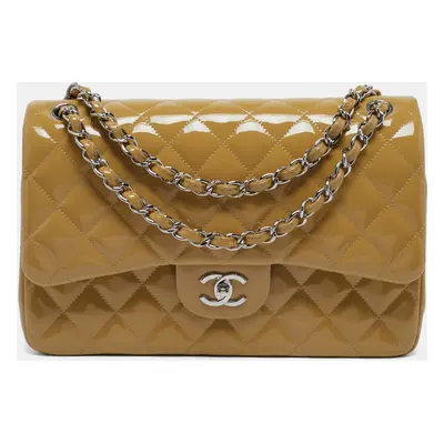 Chanel Beige Quilted Patent Leather Jumbo Classic Double Flap Bag