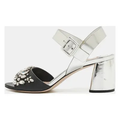 Miu Miu Silver/Black Leather Crystal Embellished Ankle Strap Sandals Size 35.5