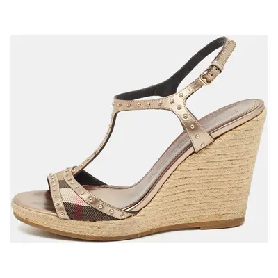 Burberry Beige/Brown Canvas and Leather Ankle Strap Espadrille Wedge Sandals Size 38.5