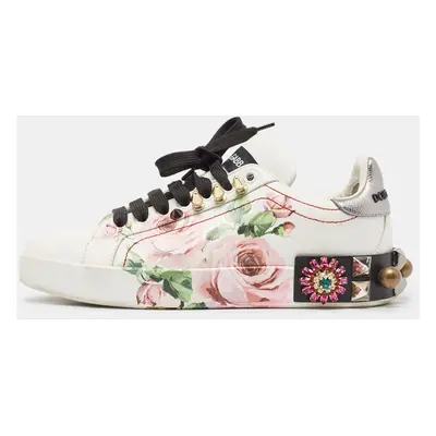 Dolce & Gabbana White Leather Printed Appliques Sneakers Size