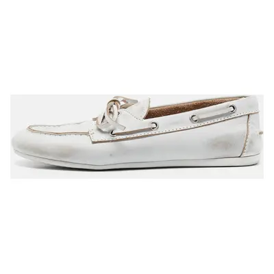 Miu Miu White Distressed Leather Bow Slip On Boat Shoes Size 36.5