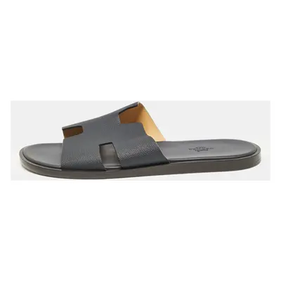 Hermes Navy Blue Leather Izmir Flat Slides Size 43.5