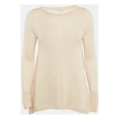 Brunello Cucinelli Beige Sequin Detail Linen and Silk Knit Top