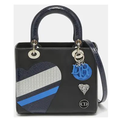 Dior Black/Blue Crackled Patent and Leather Patch Embellished Lady Dior Tote