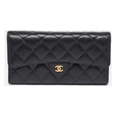 Chanel Black Caviar Quilted Leather Classic Long Flap Wallet