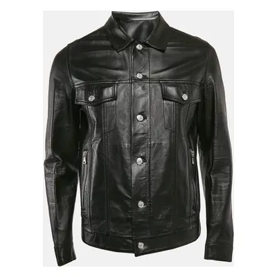 Balmain Black Logo Print Leather Button Front Jacket