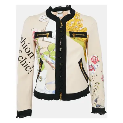 Moschino Multicolor Printed Cotton Zip-Up Ruffle Detail Cardigan