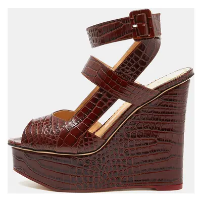 Charlotte Olympia Brown Croc Embossed Leather Ankle Strap Wedge Sandals Size