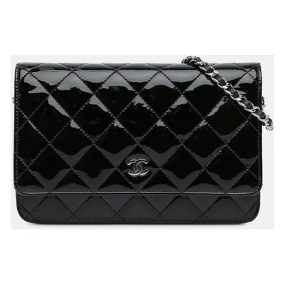 Chanel Black CC Quilted Patent Wallet On Chain