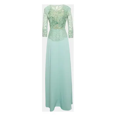 Elisabetta Franchi Mint Green Chiffon and Guipure Lace Bodice Maxi Dress