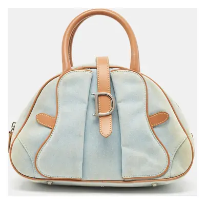 Dior Light Blue/Brown Denim and Leather Saddle Bowler Bag