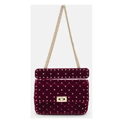 Valentino Burgundy Quilted Velvet Medium Rockstud Spike Top Handle Bag