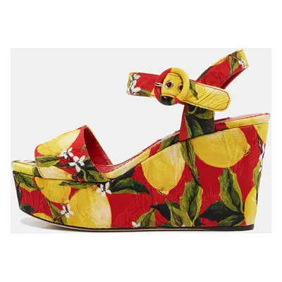 Dolce & Gabbana Multicolor Printed Fabric Ankle Strap Platform Wedge Sandals Size