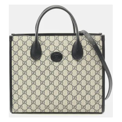 Gucci Beige/Navy Coated Canvas Leather GG Supreme Tote Bag