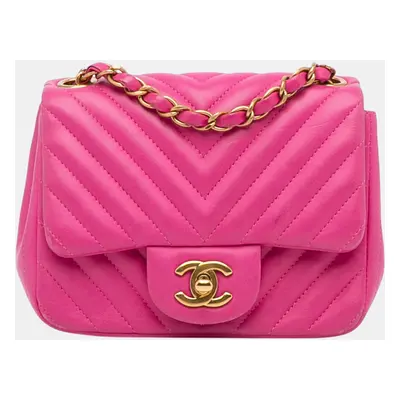 Chanel Pink Mini Square Classic Chevron Lambskin Flap