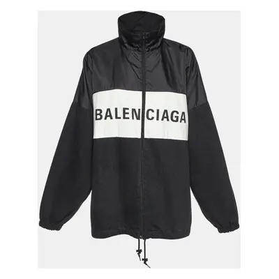 Balenciaga Black Logo Print Nylon & Denim Windbreaker Jacket