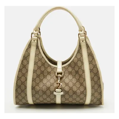 Gucci Beige/White GG Supreme Canvas and Patent Leather Bardot Joy Hobo