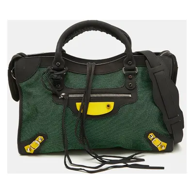 Balenciaga Green/Black Woven Fabric and Leather Classic City Bag