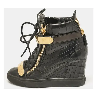 Giuseppe Zanotti Black Croc Embossed Leather Lorenze Wedge Sneakers Size