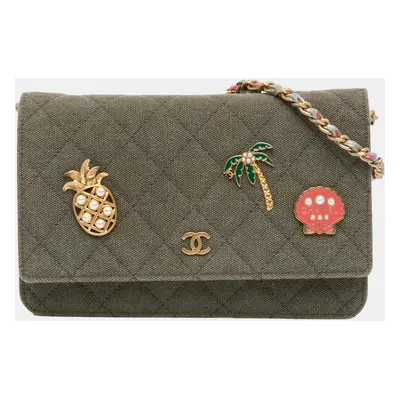 Chanel Green Quilted Canvas Coco Cuba Charms Wallet On Chain