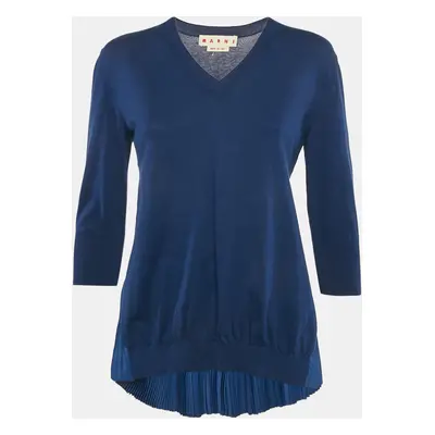 Marni Royal Blue Cotton Knit and Silk Pleated Asymmetric Top