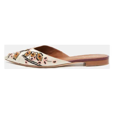 Malone Souliers Off White Satin Floral Embroidered Flat Mules Size