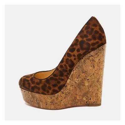 Christian Louboutin Brown Leopard Print Calf Hair Cork Wedge Platform Pumps Size