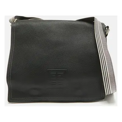 Givenchy Black Leather Logo Embossed Flap Messenger Bag