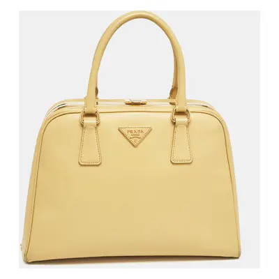 Prada Yellow Saffiano Lux Leather Pyramid Frame Satchel