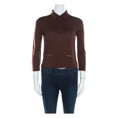 Prada Brown Silk and Wool Rib Knit Leather Patch Detail Polo T- Shirt